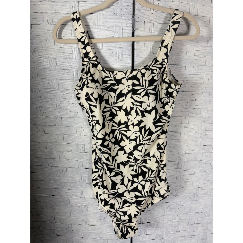 Lands End Womens Swimsuit One Piece  Black Cream Floral Tropical Scoop Neck